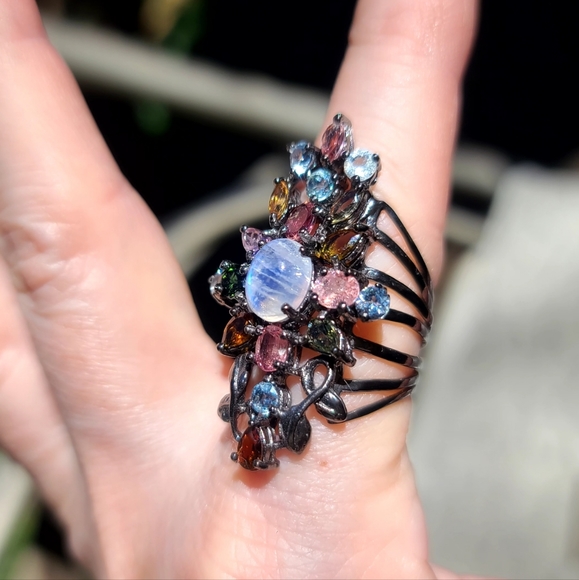 STUNNING NEW Moonstone Milti-Gem Ornate Sterling Finger cuff sz8.5 - Picture 6 of 8